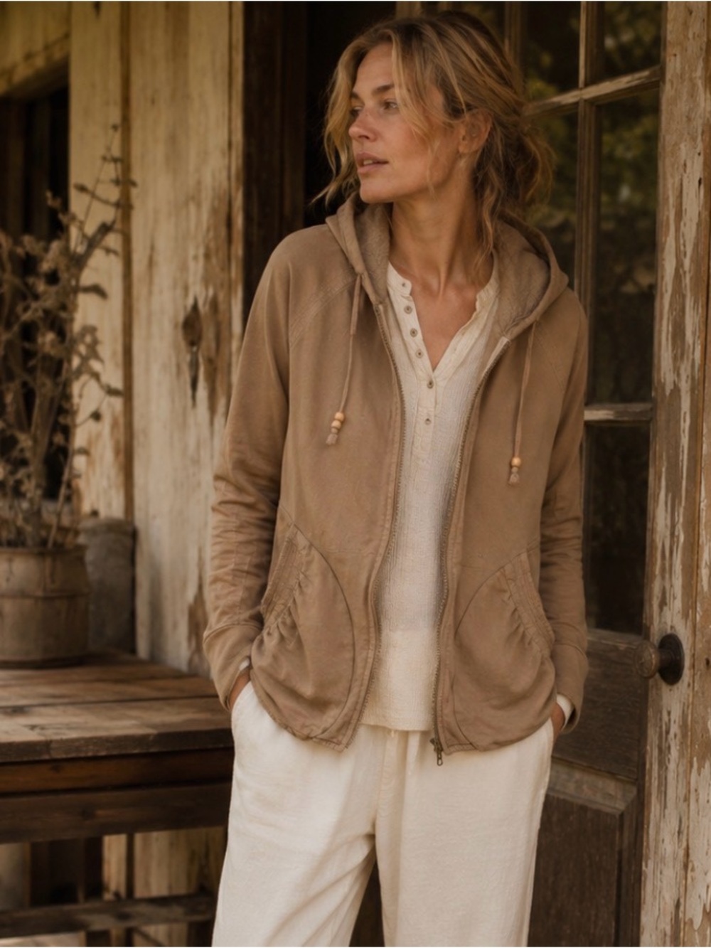 Prairie Underground Tan Zip Hooded Jacket sweatshirt organic Seattle Lagenlook M